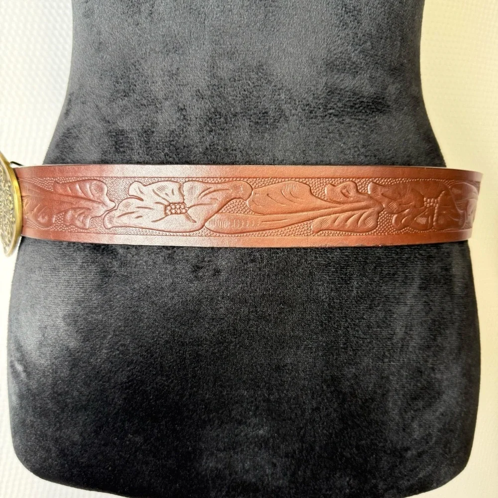 EXPRESS Genuine Italian Leather Embossed Belt Bronze Floral Hinged Buckle Size M